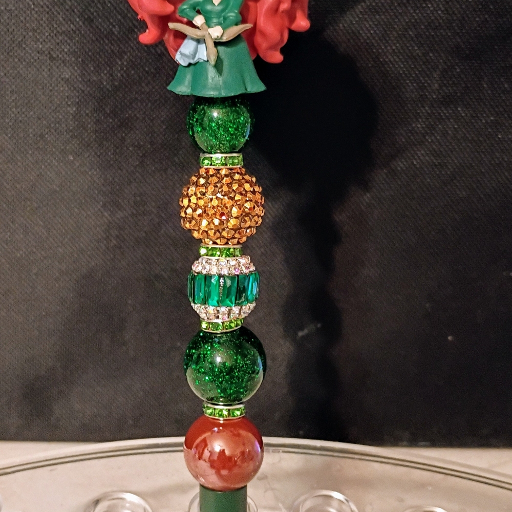 Green and Gold Beaded Pen with Red Hair Topper